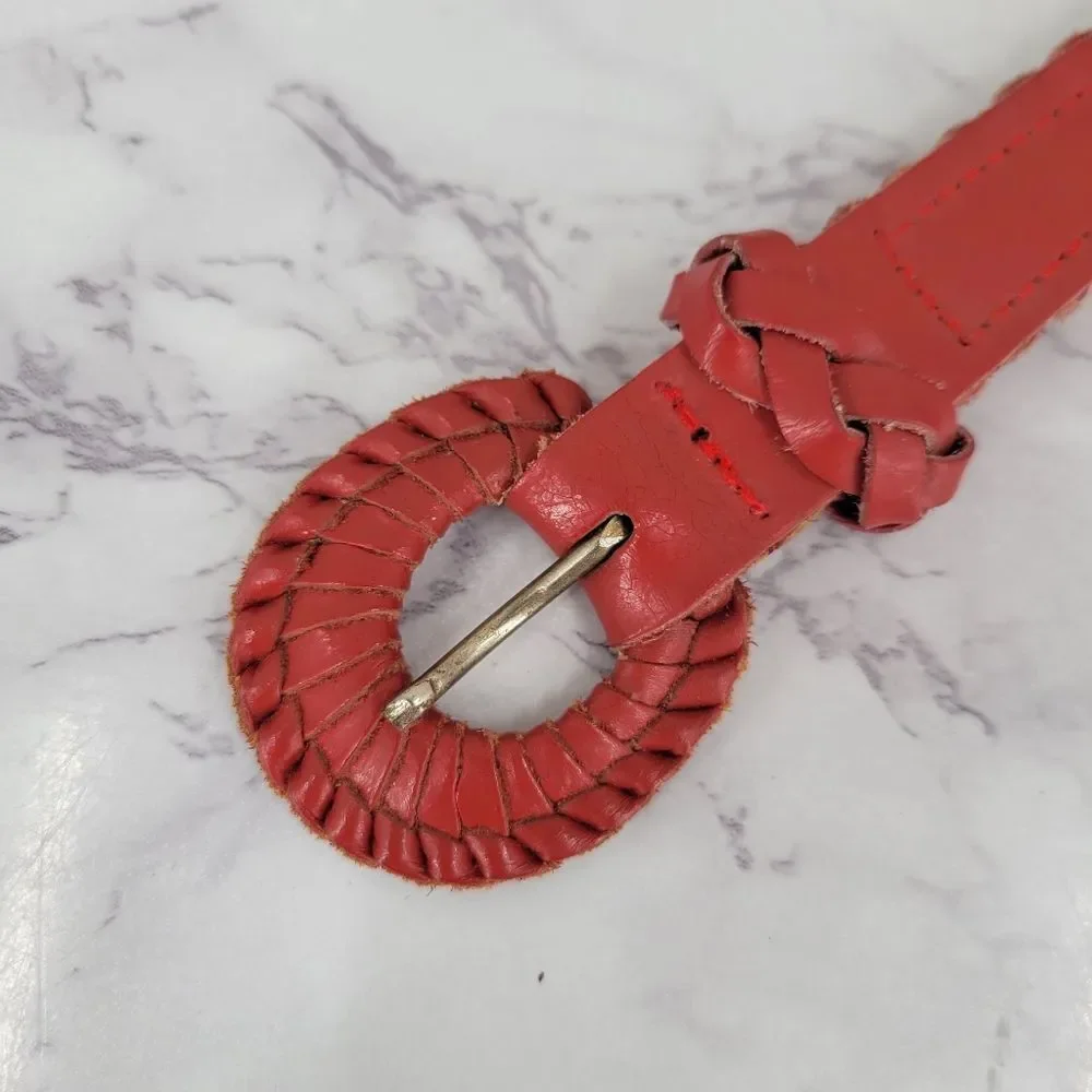 Vintage Braided Woven Coral Red Leather Belt Boho Slender Slim